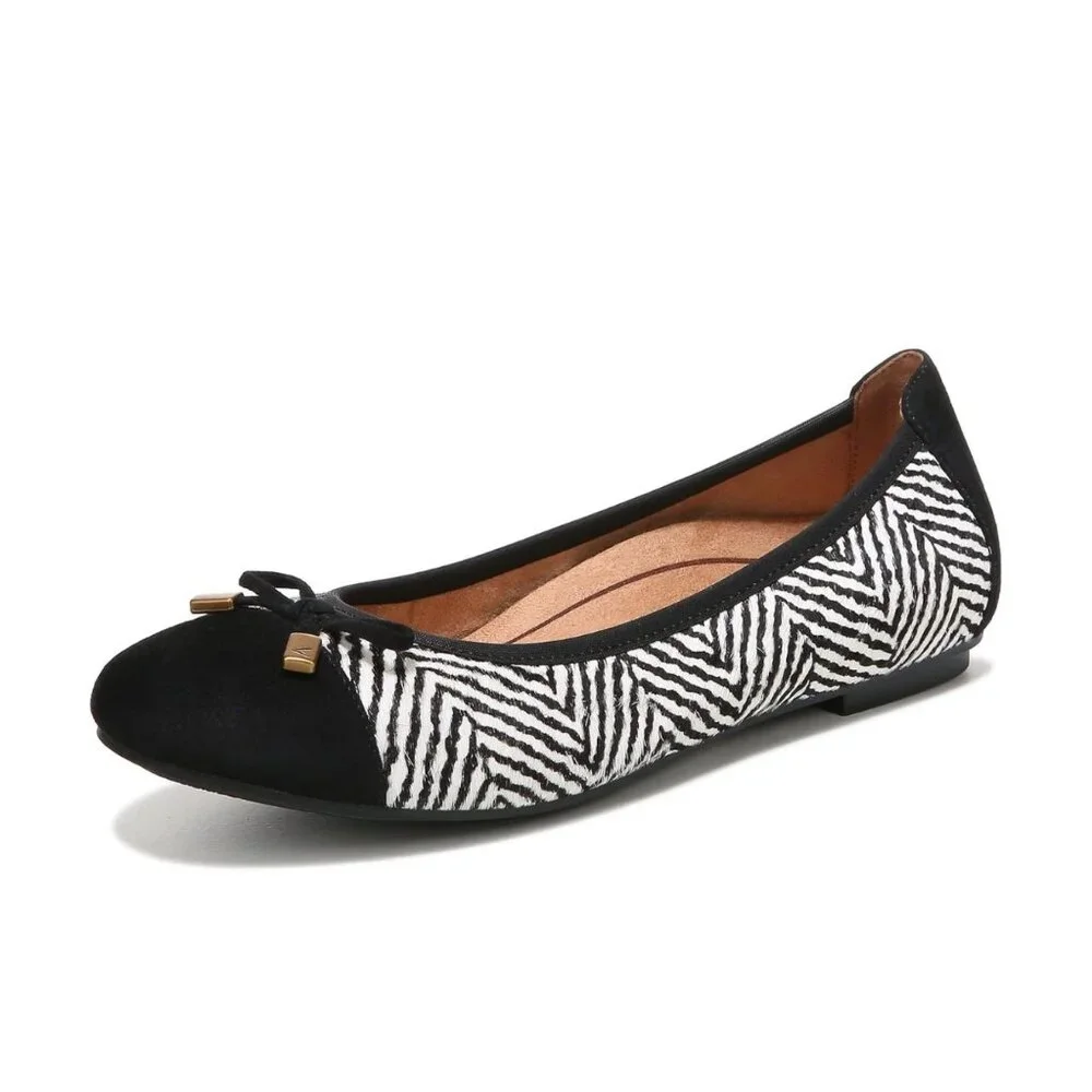Vionic Minna Zebra Print Ballet Flats With Bow Detail -‎ Black & White Size 6
